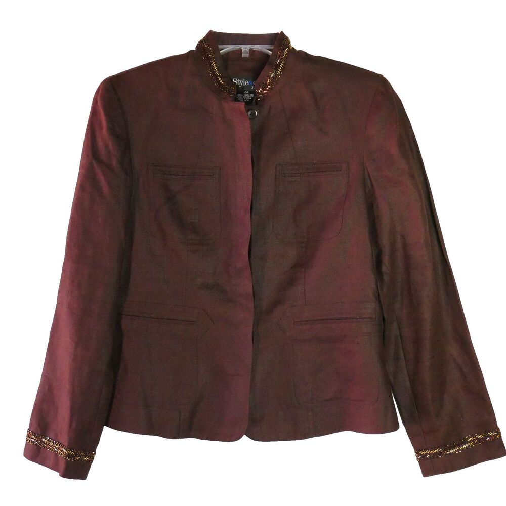 Style & co Petite Jacket Size 10P 100% Linen Mocha Pockets Lined Embelished
